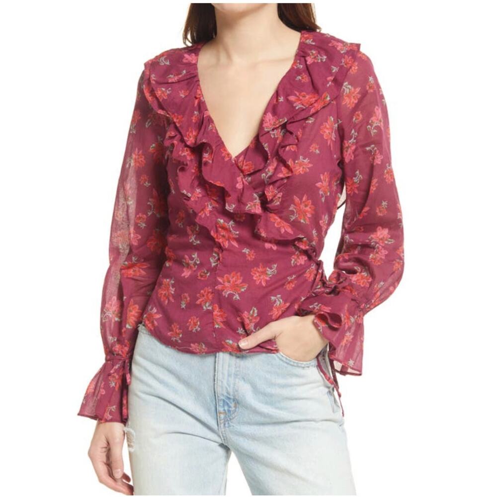 Free People Amanda Ruffle Wrap Top Sultry Combo Long Sleeve Size XS Floral